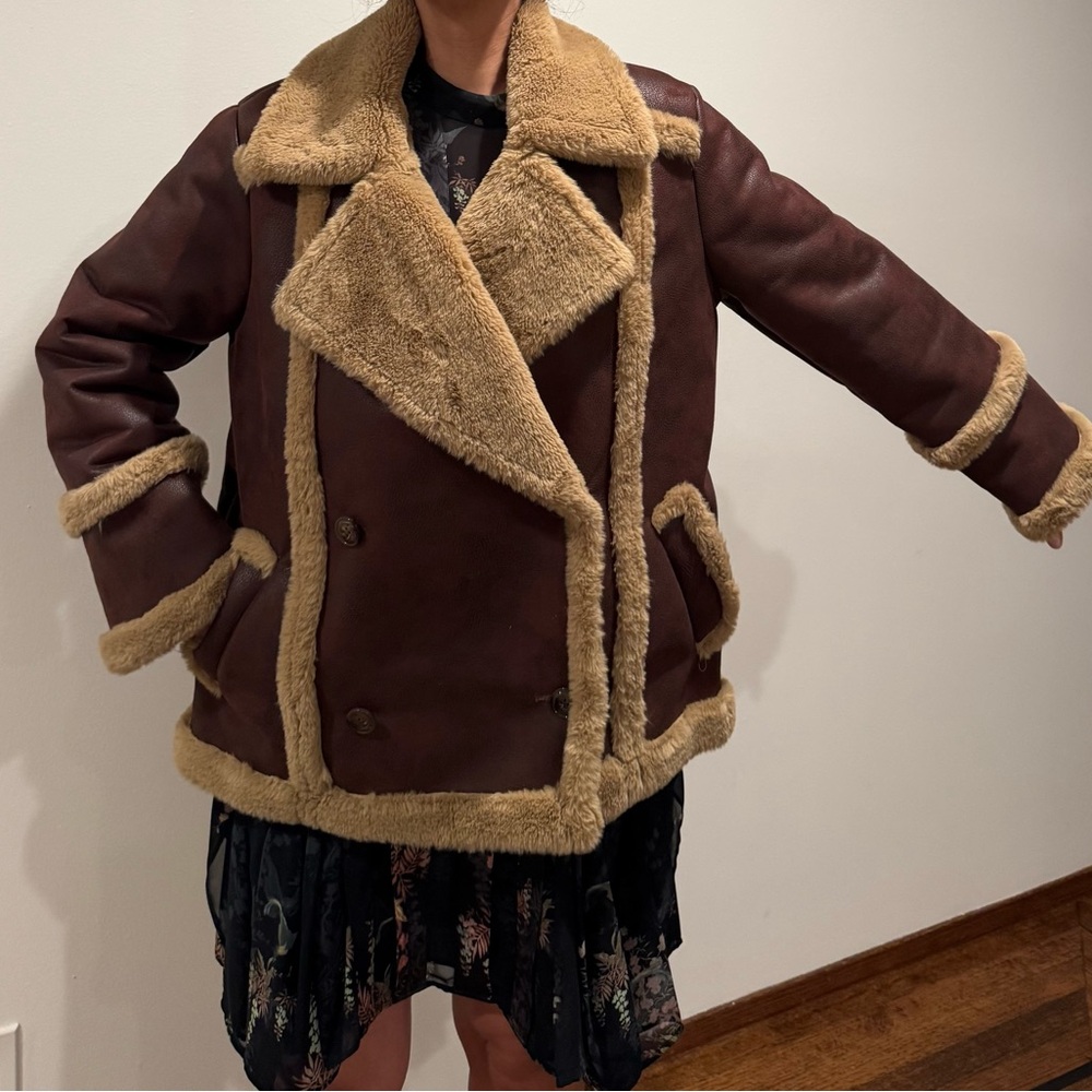 French Connection Teddy Jacket Brown Tan Plush Fleece